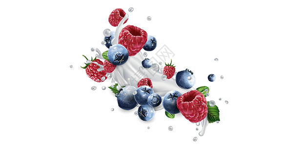 牛奶上的蓝莓蓝莓和草莓 喷洒牛奶或酸奶浆果鞭打奶制品覆盆子甜点液体厨房美食产品营养插画