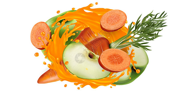 蔬菜汁喷洒中的胡萝卜和绿苹果健康食物维生素厨房咖啡店水果饮食营养插图果汁设计图片