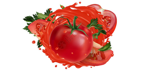 蔬菜汁喷洒中的番茄和菜菜沙拉飞溅厨房营养液体菜单咖啡店维生素插图果汁设计图片