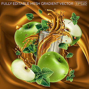 飞溅果汁和苹果果汁背景上的绿色苹果薄荷叶和一杯果汁插画