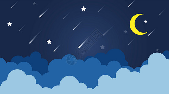 早上和晚上夜深蓝天空背景矢量中陨星进入地球时 月亮和黄月亮的云彩风景与恒星和黄月设计图片