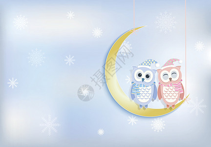 雪猫头鹰有雪花背景的猫头鹰夫妇和月亮 纸艺术 纸张设计图片