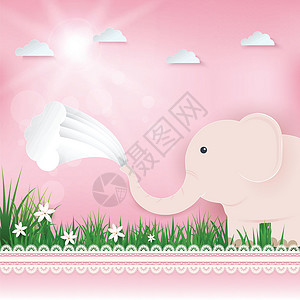 新生水粉红大象在田野和云蜜贺礼卡 生日快乐c明信片插图淋浴问候语生日喷雾蕾丝婴儿庆典纸艺插画