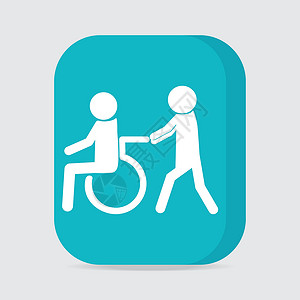 残疾人图标 一个男人推人轮椅的病人按钮设计图片