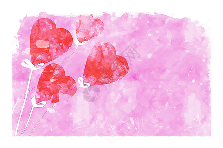 粉红水彩色背景的心形气球水彩卡片粉色绘画红色背景图片