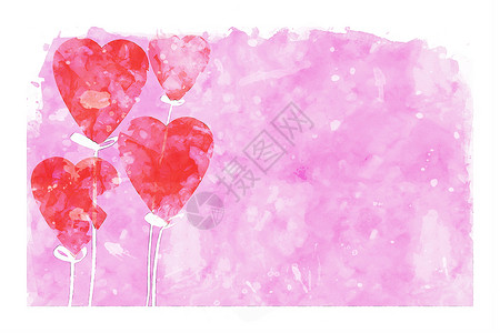 粉红水彩色背景的心形气球红色粉色卡片水彩绘画背景图片