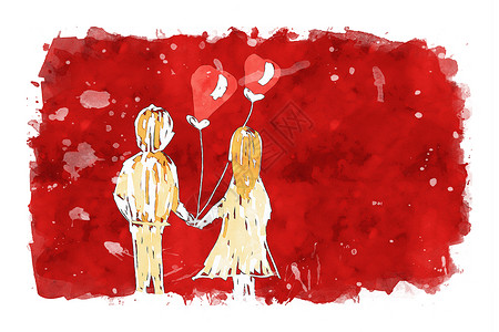 男人和女人在红水彩色上拿着心形气球背景图片