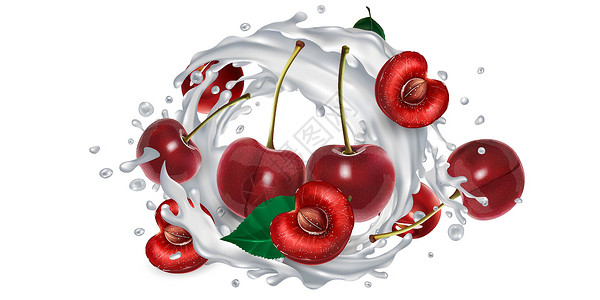 樱桃和一滴牛奶或酸奶飞溅广告味道插图鞭打营养奶制品产品浆果液体背景图片