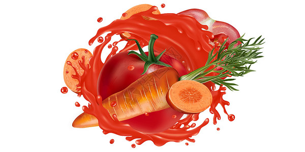 西红柿蔬菜果汁蔬菜汁喷洒中的胡萝卜和西红柿美食沙拉餐厅饮料食物咖啡店飞溅食谱营养液体设计图片