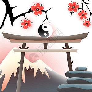 日本平板石和樱树牌坊古董文化绘画石头红色圆圈风格静物装饰插画