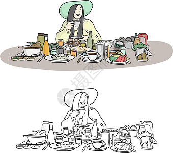 餐桌上的食物长着绿帽子的胖女人 餐桌上有很多食物设计图片
