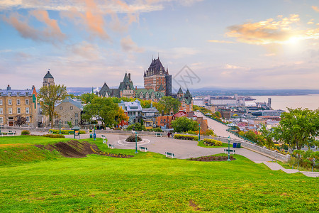 加拿大魁北克市天线全景观加拿大吸引力建筑历史性旅游城堡风景公园历史日出观光背景