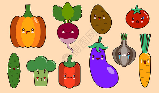 有机土豆一组蔬菜笑脸卡哇伊字符 胡椒 西红柿 大蒜 洋葱 辣椒 土豆 黄瓜 平面设计矢量设计图片