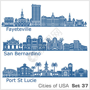 圣安德鲁斯大学美国城市 - 圣贝纳迪诺 费耶特维尔 圣露西港 详细的架构 时尚矢量图插画