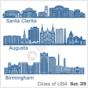 茜奥古斯塔美国城市 - 伯明翰 圣克拉丽塔 奥古斯塔 详细的架构 时尚矢量图插画