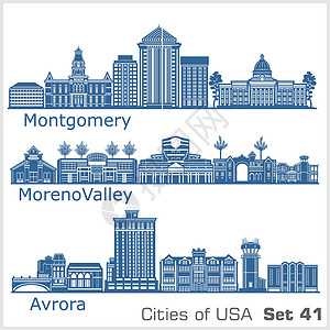 美国西峡谷美国城市 - 奥罗拉 莫雷诺谷 蒙哥马利 详细的架构 时尚矢量图插画