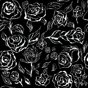 花纹纸黑色和白色的无缝图案插图 花朵 植物 黑色背景上无尽的图案背景