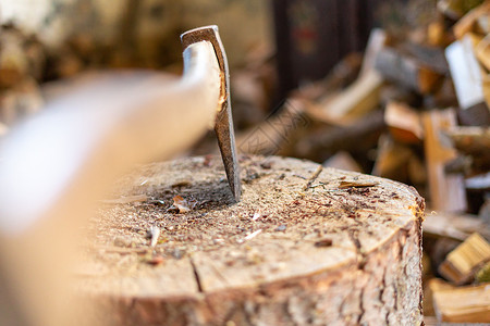 怨砍木时在原木上xx材料树干砧板日志木头工人木材硬木斧头树桩背景