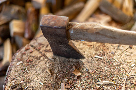 怨砍木时在原木上xx装备日志树桩刀具斧头森林工作木头金属树干背景