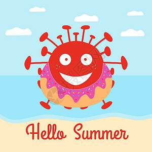 你好 夏天 红卡通冠状病毒细菌 在甜甜圈游泳圈的海滩上 矢量储量图解背景图片