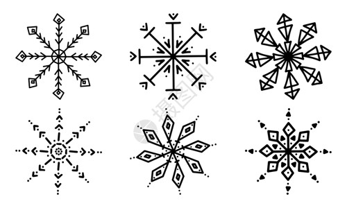 一组手工绘制的雪花 白色背景上的孤立气候手绘插图装饰品降雪水晶新年涂鸦薄片天气背景图片