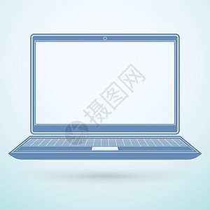 平面屏幕蓝色背景上的膝上型平面图标框架插图展示笔记本监视器技术处理器键盘按钮工具背景
