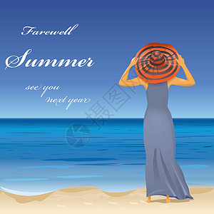 长裙女孩女人站在沙滩上戴帽子设计图片