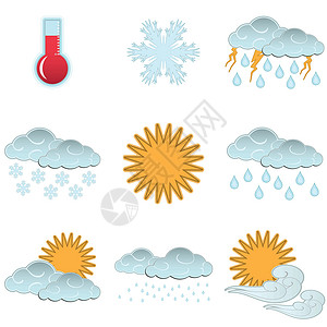 白背景上的天天气颜色图标设置为孤立的天色图标插图倾盆大雨风暴太阳晴天月亮卡通片雷雨温度计雪花背景图片