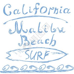 手画了加州马里布海滩冲浪标志 T恤衫印刷设计 打字图刻板矢量插图背景图片