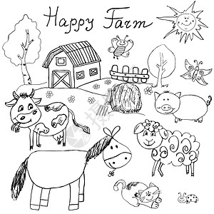 百度卡了素材手与马 牛 羊猪和谷仓一起绘制草图 孤立了儿童般的卡通式粗略矢量插图生物收成农村羊肉动物奶牛哺乳动物环境村庄农场设计图片