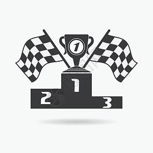 赛车icon标志图标 方格或赛车旗帜第一名奖杯和获奖者领奖台 运动汽车 速度和成功 竞争和获胜者 赛车集会 矢量图阴影交通胜利黑色杯子标识冠背景