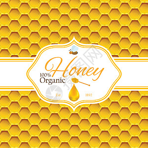 黄色蜜蜂标签蜂窝彩色图案背景上带有蜜蜂和蜂蜜滴的蜂蜜标志产品的蜂蜜标签模板六边形花粉昆虫蜂巢味道插图质量甜点农场液体背景
