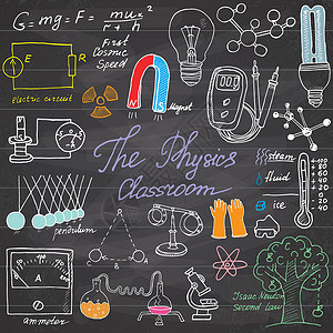 黑板磁铁物理和科学元素涂鸦图标集 手绘草图 带显微镜 公式 实验设备 分析工具 磁铁 摆锤 电 矢量图 在黑板上测试学习原子补给品解决方插画