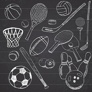 手绘网球运动球 手绘素描集 包括棒球 保龄球 网球 足球 高尔夫球和其他运动项目 绘制涂鸦元素 集合 在白色背景下被隔离草图球拍冰球收藏背景