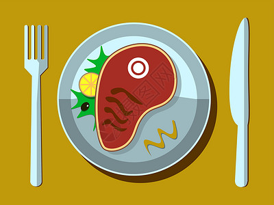 叉子牛排用叉子和刀子在白色盘子上的牛排美食猪肉午餐插图蔬菜烧烤炙烤食物餐厅牛肉插画