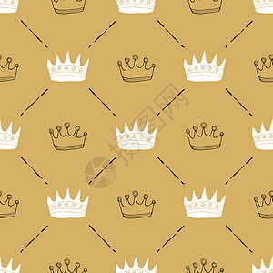 Crown无缝模式 手画皇家涂鸦背景 矢量说明女王插图徽章艺术珠宝风格墙纸织物包装打印背景图片