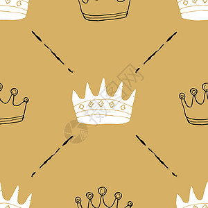 Crown无缝模式 手画皇家涂鸦背景 矢量说明皇帝打印公主帽子纺织品包装手绘版税织物风格背景图片