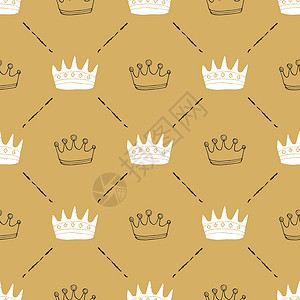 Crown无缝模式 手画皇家涂鸦背景 矢量说明珠宝装饰墙纸国王奢华插图王子君主绘画纺织品背景图片