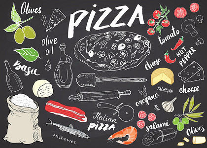 手绘橄榄披萨制作设计模板 配有奶酪 橄榄 腊肠 蘑菇 西红柿 面粉和其他成份 在黑板背景上用矢量插图说明菜单粉笔烹饪蔬菜厨房食物烤箱熏肉背景