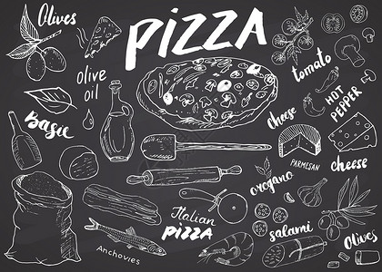 披萨手绘披萨制作设计模板 配有奶酪 橄榄 腊肠 蘑菇 西红柿 面粉和其他成份 在黑板背景上用矢量插图说明香肠胡椒蔬菜绘画食物厨房涂鸦手绘背景