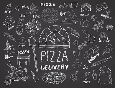 比萨菜单手绘素描集 披萨准备和送货涂鸦 包括面粉和其他食品配料 烤箱和厨房工具 滑板车 披萨盒设计模板 矢量图香肠食物手绘烹饪绘背景图片