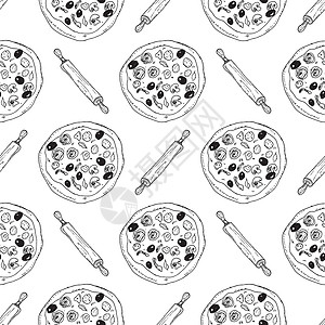 比萨刀比萨无缝图案手画的草图 比萨面条和滚动针 食物背景 矢量插图披萨厨房菜单手绘墙纸烹饪香肠小吃涂鸦餐厅插画