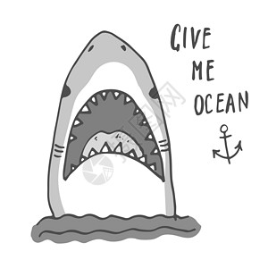 鲨鱼牙齿剪切鲨鱼手画草图 T恤衫印刷品设计矢量插图服饰鲨鱼游泳衣服荒野女孩漫画捕食者海报手绘设计图片