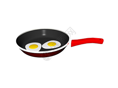 炸鸡蛋红煎锅红色白色平底锅餐具厨房早餐黄色背景图片