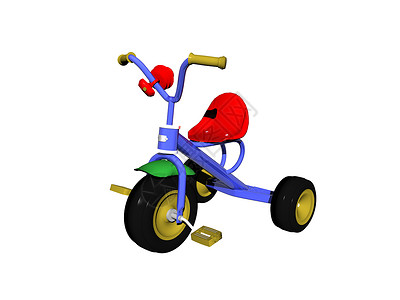 花花多彩的儿童三轮自行车用于脚踏车玩具把手蓝色孩子车轮绿色座椅红色闲暇房间背景图片