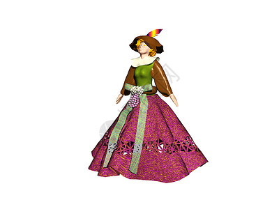 漂亮的洋娃娃 有优雅的裙子和帽子玩具褶皱衣服羽毛绿色娃娃娃娃脸荷叶红色背景图片