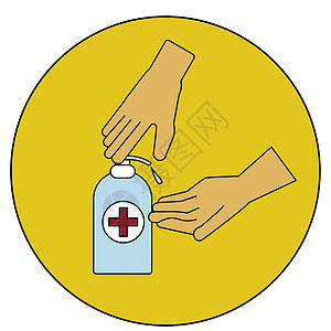 防烫手套用抗细菌手洗手 用防毒剂洗手 在卡通平板插图矢量中以白色背景隔离的消毒凝胶符号插画