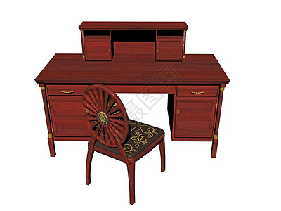旧的配有椅子的木板办公桌棕色抽屉粮食实木桌子家具办公家具背景图片