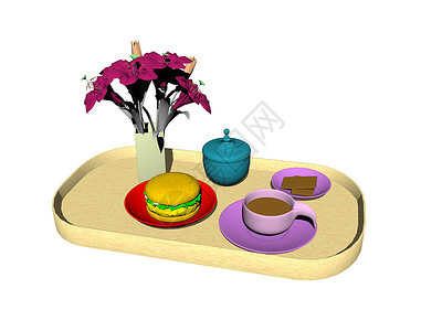 咖啡卷和鲜花的托盘糖罐早餐紫色杯子红色花瓶食物饼干绿色咖啡背景图片