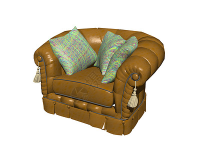 重棕色手椅 有坐垫扶手真皮装潢扶手椅客厅绒球绿色枕头家具背景图片